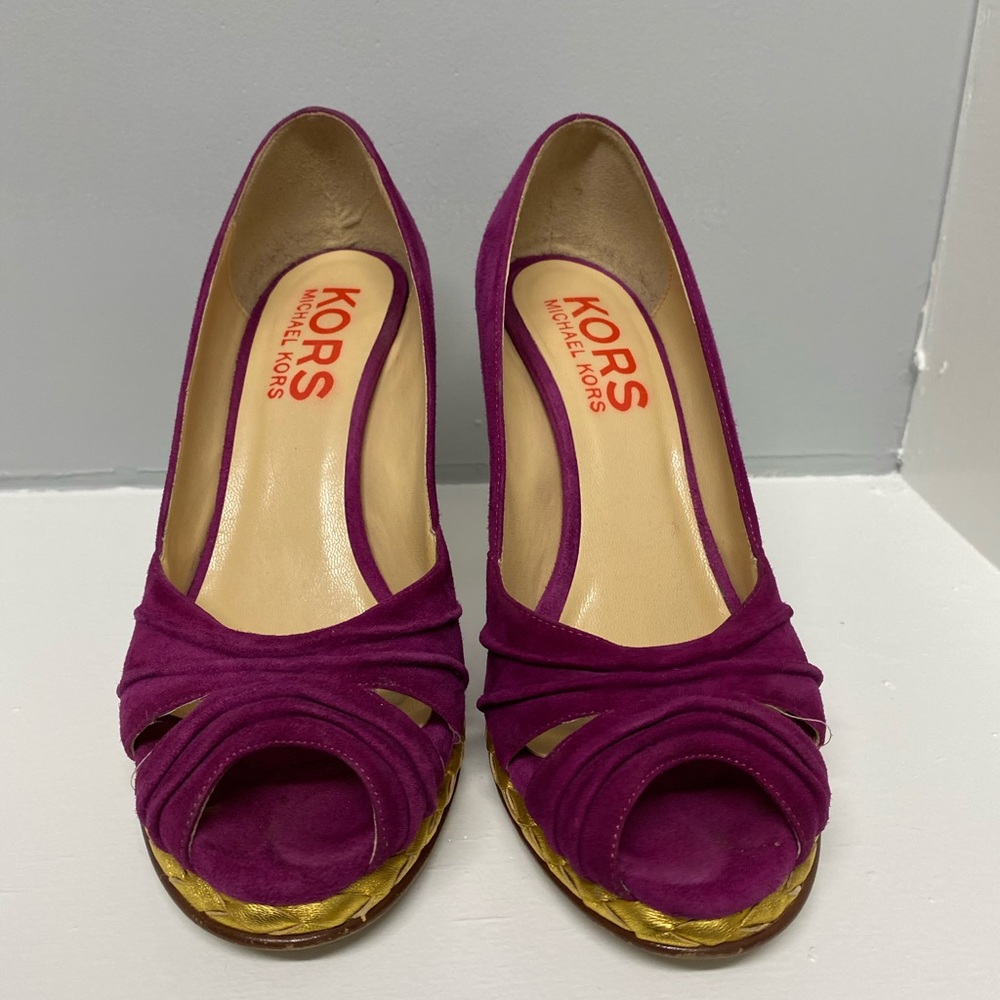 Magenta and gold heels